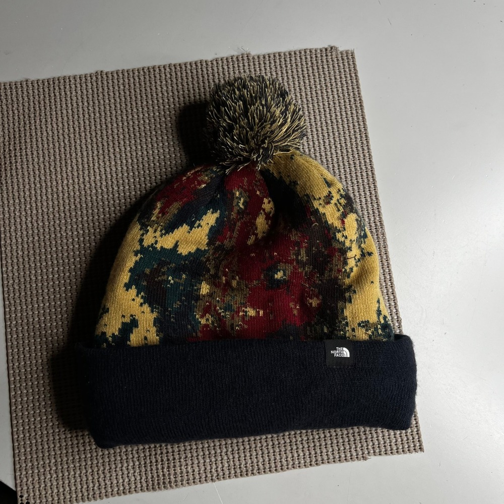 The North Face Beanie Pom Knit Hat Abstract Camo Red Yellow Navy Unisex One Size